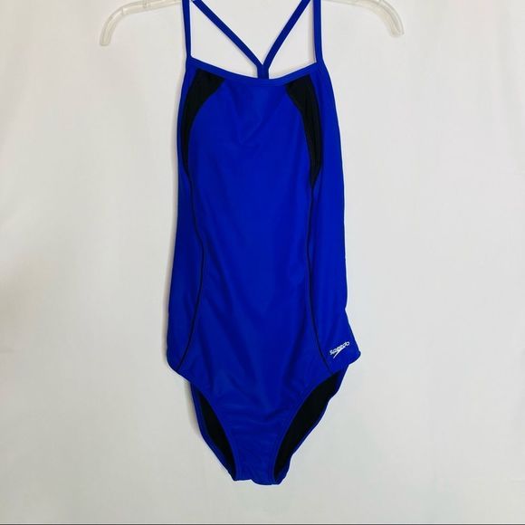 Speedo Blue Racerback Athletic Training One‎ Piece Swimsuit Black Stripe - Picture 1 of 8